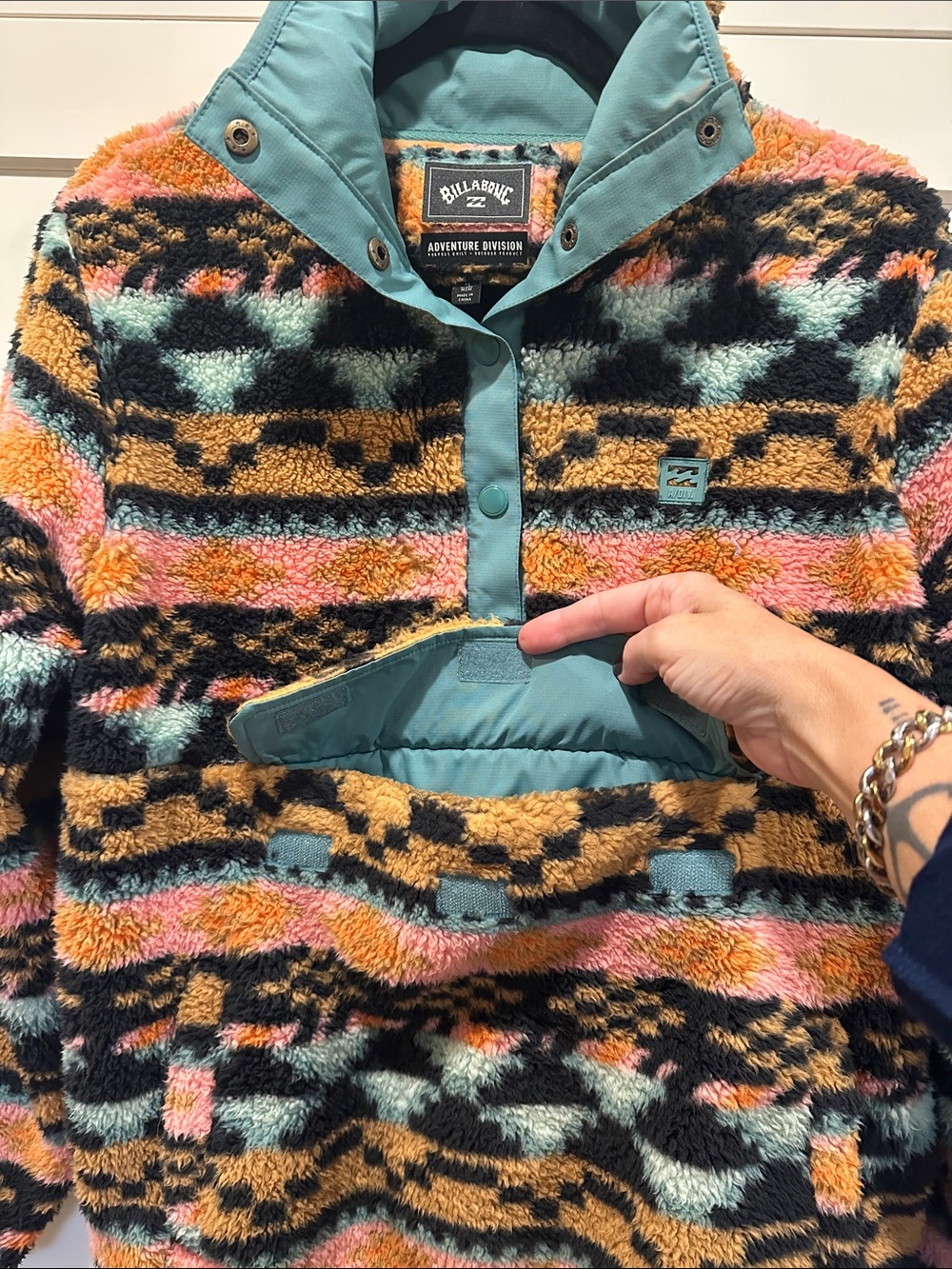 Billabong Teal, Pink & Black Patterned Zip-Up Sherpa Pullover - Picture 3 of 4